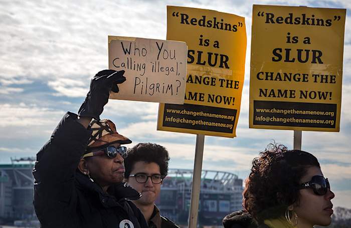 In the shadow of FedEx Field, a protest popped up at a November 2013 news conference about the Washington NFL team name issue. (Evelyn Hockstein/For The Washington Post via Getty Images)